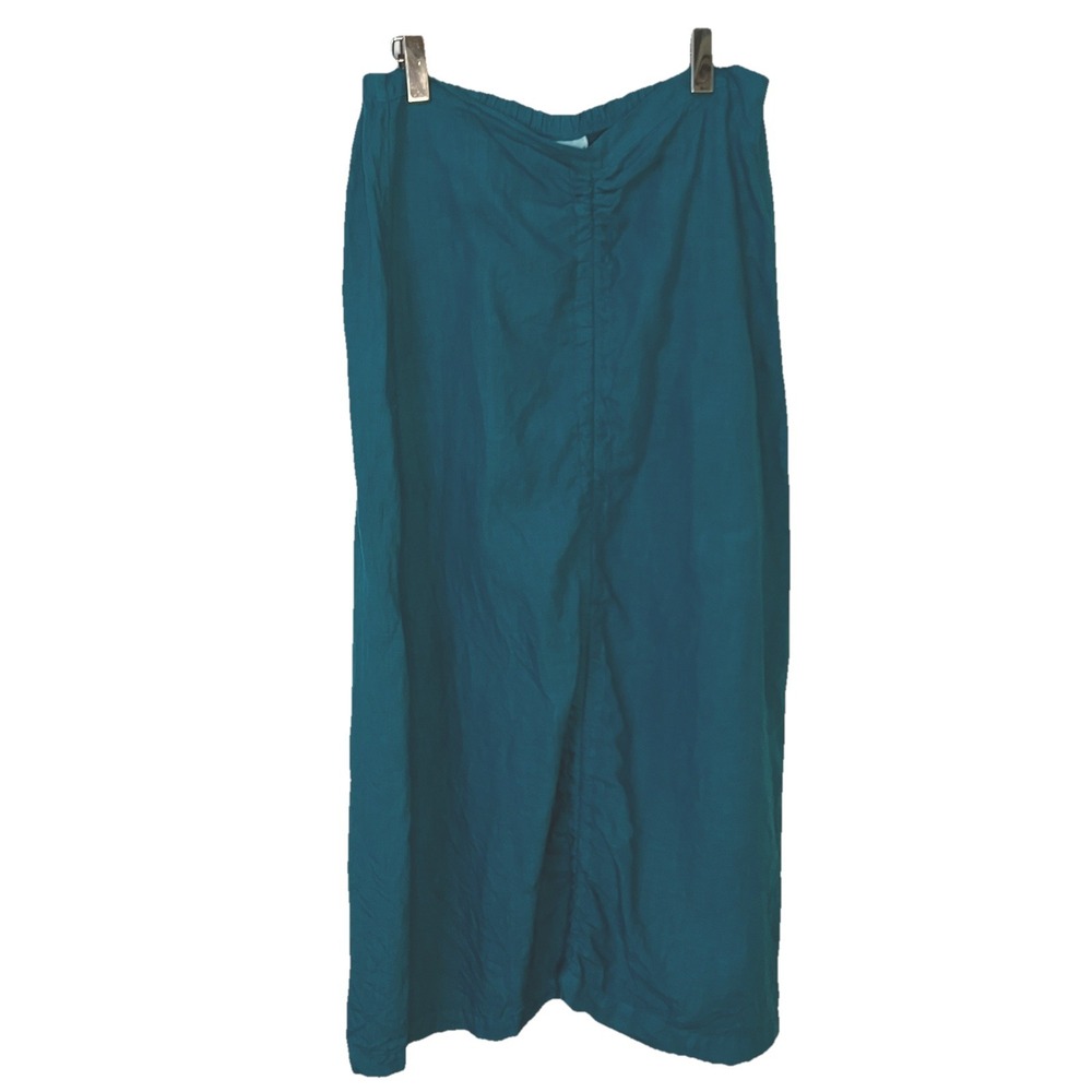 Bryn Walker Teal Blue 100% Linen Ruched Midi Skirt Womens Small Made in USA